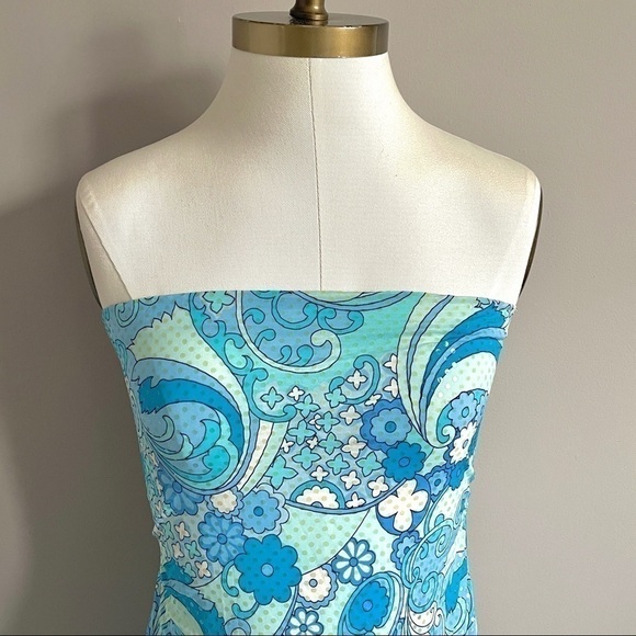 Vintage Y2K Blue Psychedelic Floral Print Faux Sequin High Low Hem Tube Dress S - Picture 3 of 8